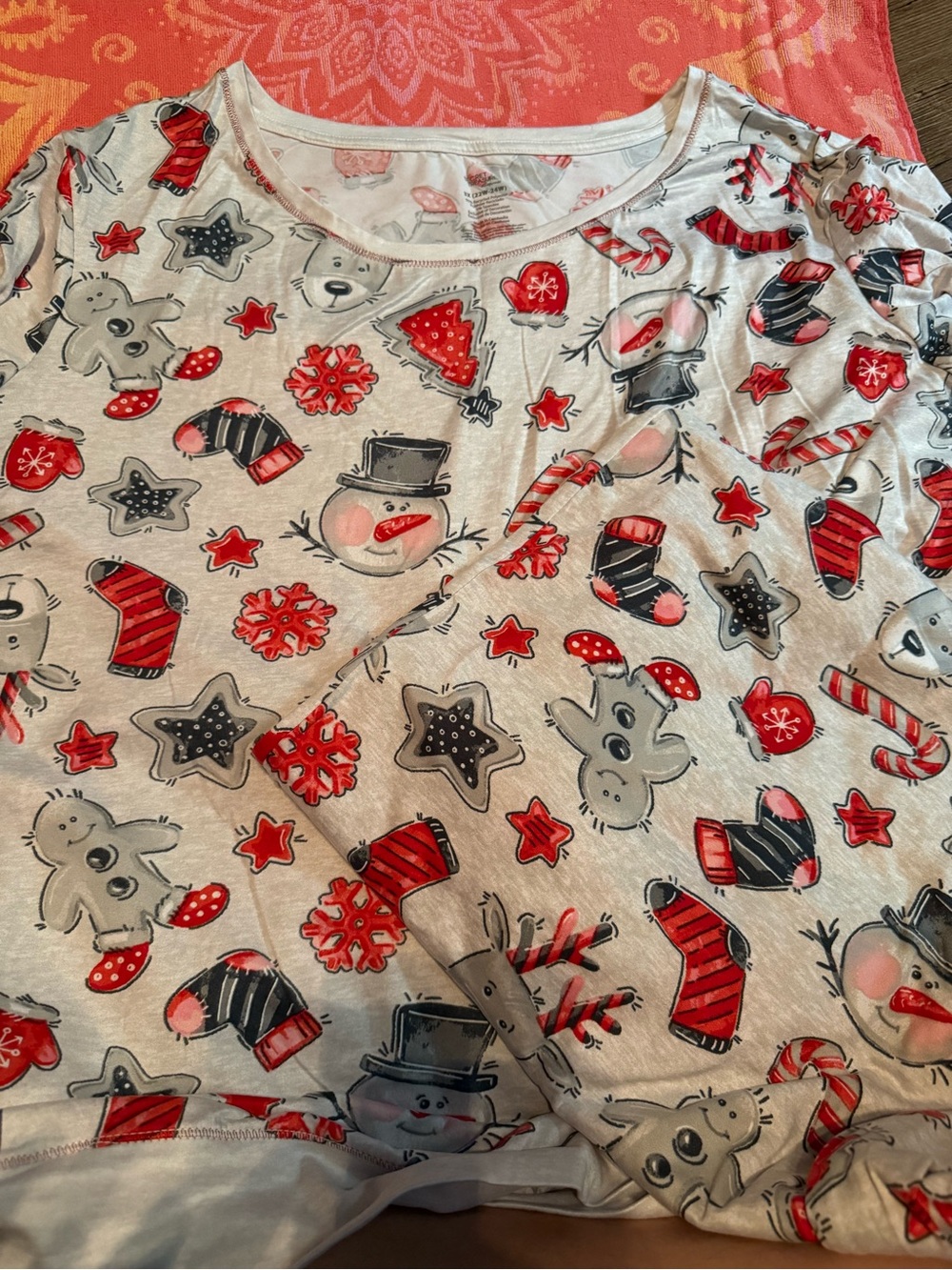 Women’s Holiday Snowman and Reindeer Pajama Top & Pants- Red & White